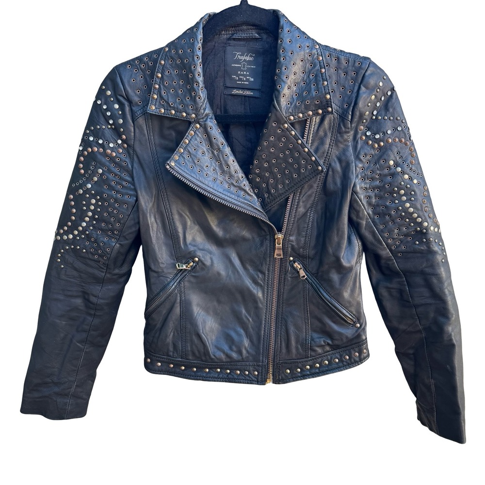 Zara Trafaluc Studded Rhinestone Lambskin Leather Moto Biker Punk Jacket Black S
